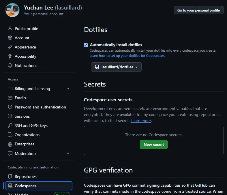 GitHub settings for Codespace - Dotfiles